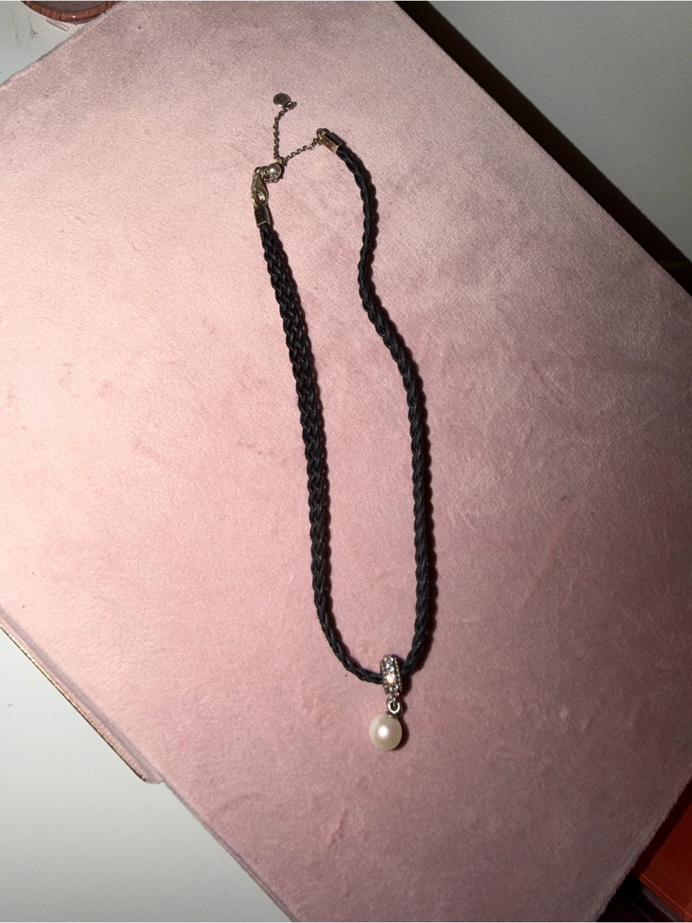 Pandora Black Braided Necklace with Pearl and Gold Accents